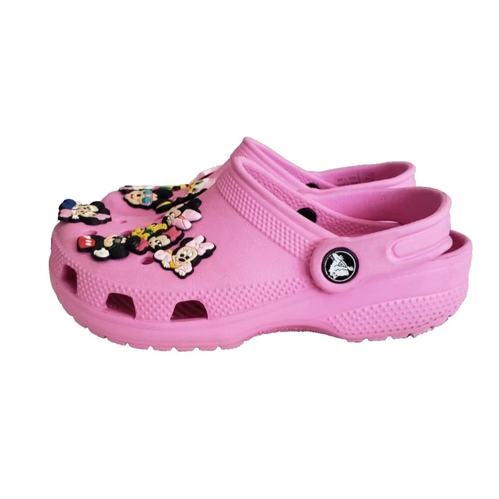 Crocs Classic Clog Junior Size  J1 Taffy Pink Kids Slip on Shoes Mickey & Minnie